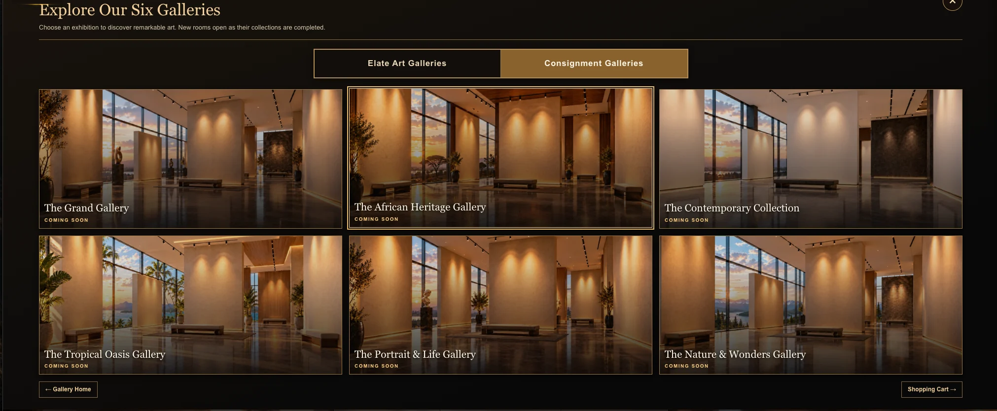 Preview of six distinctive virtual art gallery environments for the Elate Artist Collective